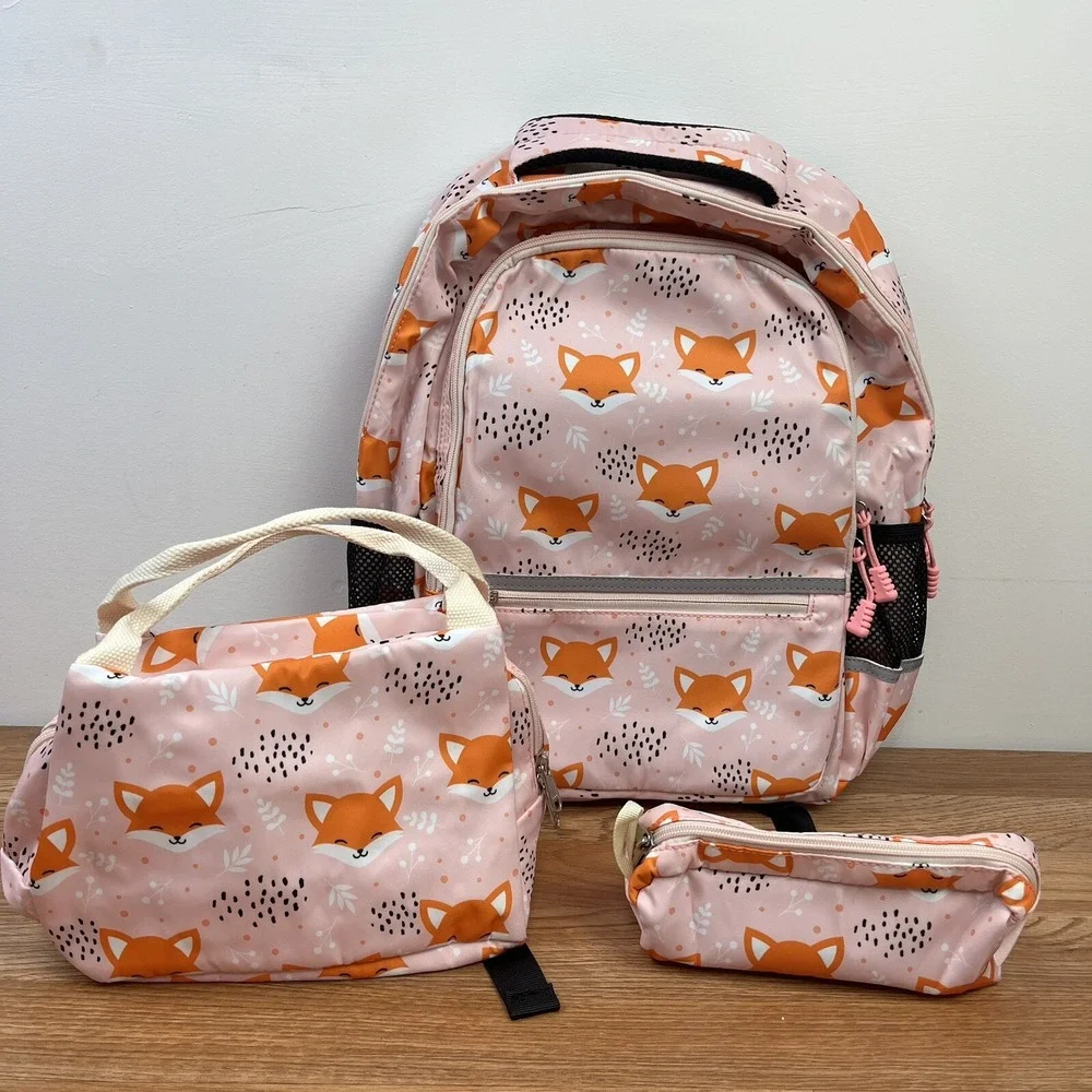 Girls Fox Pink Backpack‎ with Insulated Lunch Bag & Pencil Bag, Reflective NEW